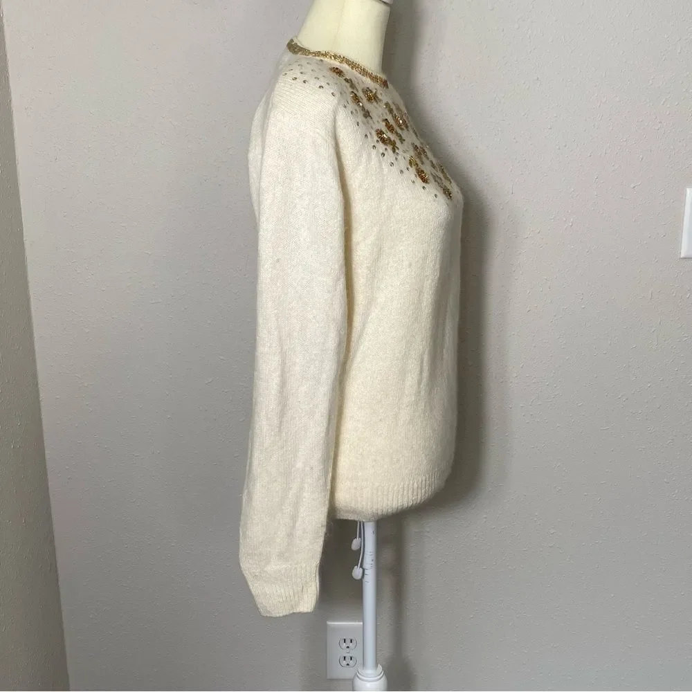 Worthington Vintage Silk, Angora & Lambswool Ivory Knit Sequin Sweater Women's M